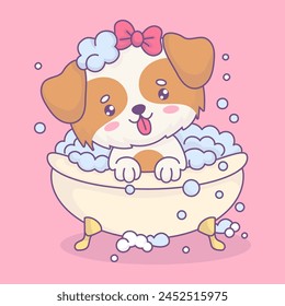 Cute dog girl bathes in bubble bath. Funny cartoon kawaii animal character. Vector illustration. Kids collection. Bathing, hygiene and beauty in bathroom pet. Kids collection