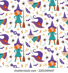 Cute dog and girl in Halloween witch costume seamless pattern. Funny pattern with witch hat and halloween characters on white background.