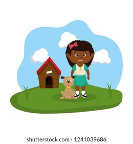 cute dog and girl with house wooden