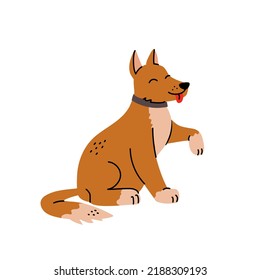 Cute dog gives a paw and sticking out tongue. Trendy vector illustration, scandinavian style. Cartoon dog or puppy character design with vintage color. Funny pet animal isolated on white background.