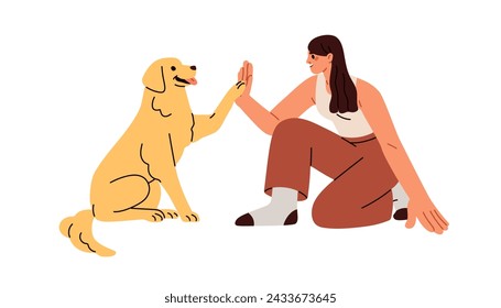 Cute dog giving high five to owner. Trained smart doggy greeting person with paw to hand trick. Obedient canine animal training concept. Flat graphic vector illustration isolated on white background