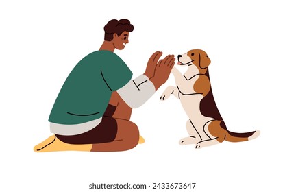 Cute dog giving high five with paw to hand. Pet owner and doggy communication, man and canine animal relationship concept. Training puppy. Flat graphic vector illustration isolated on white background