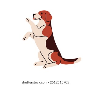 Cachorro bonitinho dando pata, alto 5 gestos. Smart treinado obediente feliz cachorrinho. Cachorro educado, habilidade canina. Posição engraçada do filhote. Ilustração de vetor plano isolada no plano de fundo branco