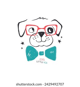 Lindo perro con gafas y pajarita. Dibujado a mano ilustración vectorial.