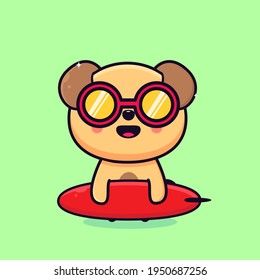 a cute dog with glasses carrying a surfboard vector isolated, cute dog with surfboard flat design style illustration for mascot logo