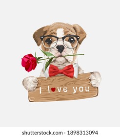 cute dog in glasses holding love wood sign illustration