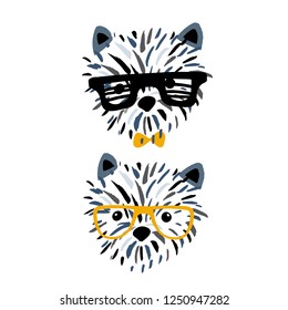 Cute dog in glasses ink drawn print. Perfect for t-shirt, apparel, cards, poster, nursery decoration. Vector Illustration