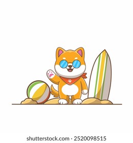 Cute Dog with glasses on beach get ready for playing ball and surfing cartoon. Holiday summer vector. Weekend cartoon design. Flat design for beach holiday. 