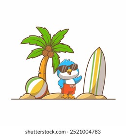 Cute Dog with glasses on beach get ready for playing ball and surfing cartoon. Holiday summer vector. Weekend cartoon design. Flat design for beach holiday. 