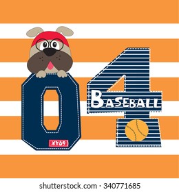 cute dog with glasses on striped background, baseball player, T-shirt design vector illustration