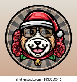 Cute dog with glasses wearing a christmas hat. Premium vector
