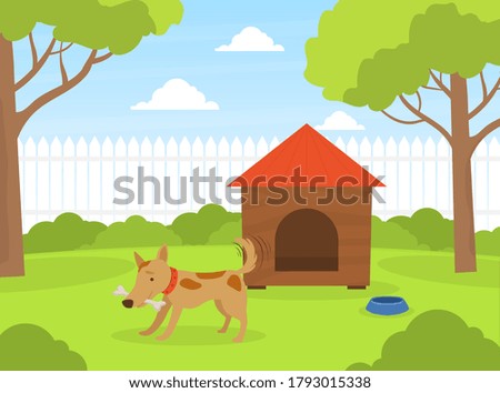 Cute Dog Gnawing Bone on Green Lawn Near Doghouse in Backyard, Beautiful Summer Landscape Flat Vector Illustration