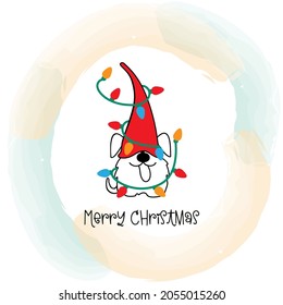 Cute Dog with gnome red hat and christmas lights on watercolor background. Lettering Merry Christmas. Christmas Gnome Family element. Funny vector for greeting card, t shirt print, mug.