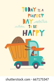 Cute dog  is going by car. Vector illustration on a yellow background. 