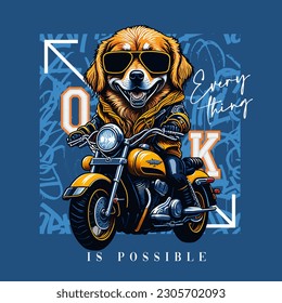 cute cute dog golden retriever riding a motorcycle with slogan, vector illustration