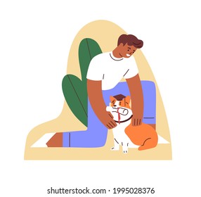 Cute dog graduating from training school. Happy canine trainer and smart educated doggy in academic cap with diploma. Colored flat vector illustration of owner and pet isolated on white background
