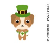 Cute dog in green leprechaun hat. Cartoon sweet animal with clovers. Vector St. Patrick