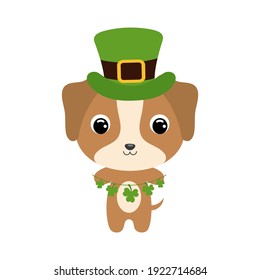 Cute dog in green leprechaun hat. Cartoon sweet animal with clovers. Vector St. Patrick's Day illustration on white background. Irish holiday folklore theme.