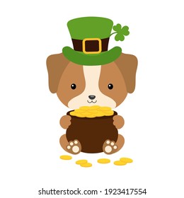 Cute dog in green leprechaun hat with clover holds bowler with gold coins. Cartoon sweet animal. Vector St. Patrick's Day illustration on white background. Irish holiday folklore theme.