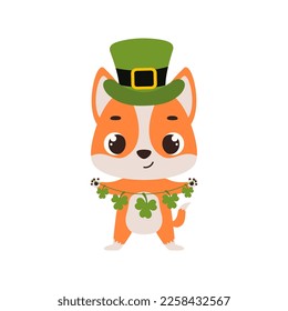 Cute dog in green leprechaun hat with clover. Irish holiday folklore theme. Cartoon design for cards, decor, shirt, invitation. Vector stock illustration.