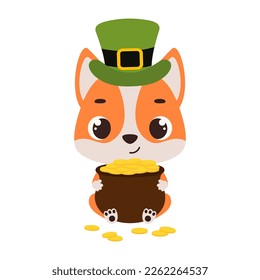 Cute dog in green leprechaun hat holds bowler with gold coins. Irish holiday folklore theme. Cartoon design for cards, decor, shirt, invitation. Vector stock illustration.