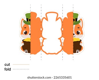 Cute dog in green leprechaun hat holds bowler with gold coins. Irish holiday folklore theme. Fold long greeting card template. Printable color scheme. Print, cut out, fold. Vector illustration.