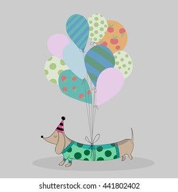 a cute dog in a green polka-dot sweater in a birthday hat with balloons tight around dog's waist 