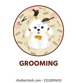 Cute dog  at groomer salon. Pet grooming concept.  Vector illustration for pet hair salon, styling and grooming shop, pet store for dogs and cats