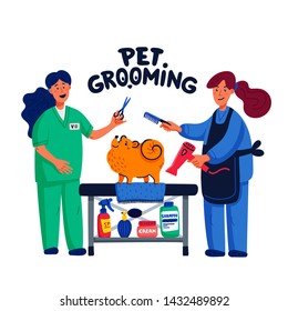 Cute dog at groomer salon. Two young girls shearing and combing spitz. Dog care, grooming, hygiene, health. Pet shop, accessories. Flat style vector illustration