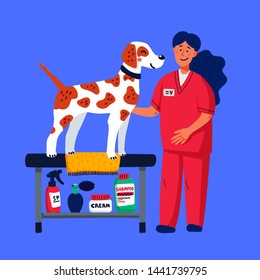 Cute dog at groomer salon. Young girl shearing and combing hunting dog. Dog care, grooming, hygiene, health. Pet shop, accessories. Flat style vector illustration