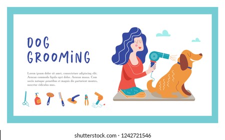 Cute dog at groomer salon.Vector illustration for pet hair salon, styling and grooming shop, pet store for dogs and cats. 