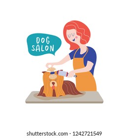 Cute dog at groomer salon.Woman combs dog. Dog grooming concept. Hand drawn vector illustration. Vector illustration for pet hair salon, styling and grooming shop, pet store for dogs and cats.