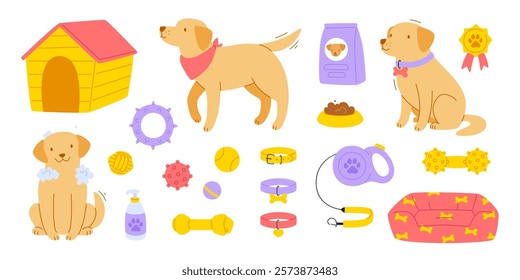 Cute dog with grooming accessories set. Cartoon labrador with supplies collection. Dogs goods bundle.