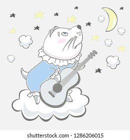 Cute dog with a guitar on a cloud. Cartoon hand drawn vector illustration. Can be used for t-shirt print. Kids wear fashion design. Baby invitation card