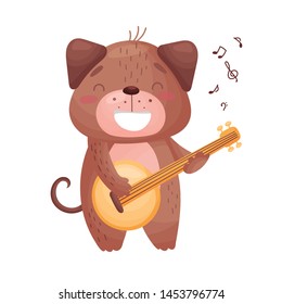 Cute dog with a guitar. Vector illustration on white background.
