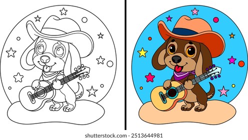 Cute dog with a guitar, wearing a cowboy hat. Coloring page.Vector illustration.