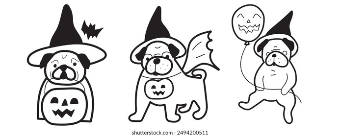 Perro lindo en un disfraz de Halloween. Diseño de contorno de Vector. Ilustraciones en color negro sobre fondo blanco.