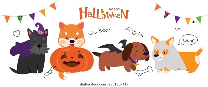 Cute dog in Halloween costumes. Puppy costume party.  