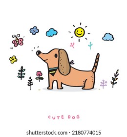 Cute dog hand drawing doodle, Cartoon happy dachshund, Flat vector illustration for prints, clothing, packaging and postcards, cute dog vector, cute animal