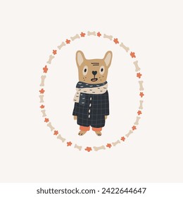 Cute dog hand drawn flat vector illustration. Adorable fauna cartoon character. Funny french bulldog in a dark coat and scarf.