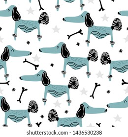 Cute dog hand drawn seamless pattern design. Background repeated funny animals for children and kids fashion.