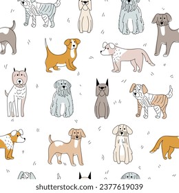 Cute dog hand drawn vector pattern. Cartoon dog or puppy characters in different poses. 