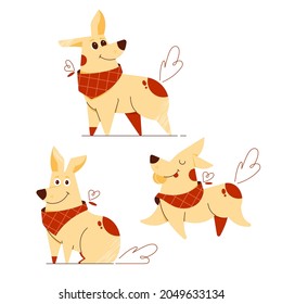 Cute dog in a handkerchief. The puppy in various poses turned its muzzle in surprise, sits, happily runs with a ball, plays. Vector flat pet character.