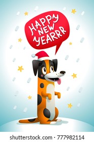 Cute dog with Happy new year inscription. Stylish yellow dog with santa claus red hat on a blue Christmas background. Winter Season Greetings concept. Symbol of the year 2018. Vector illustration.