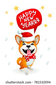 Cute dog with Happy new year inscription. Smiling yellow dog with santa claus red hat on a blue Christmas background. Akita inu. Winter Season Greetings concept. Symbol of the year 2018. Vector