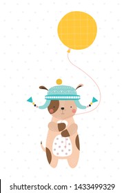 Cute dog in a hat with a balloon. Vector illustration in a scandinavian style. Funny poster.