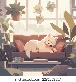 Cute dog having a nap, snugly curled up on a modern soft couch in a bright apartment, waiting for the return of an owner. Simple vector illustration in calm light color palette