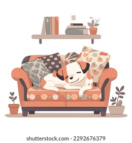 Cute dog having a nap, snugly curled up on a modern soft couch in a bright apartment, waiting for the return of an owner. Simple vector illustration in calm light color palette