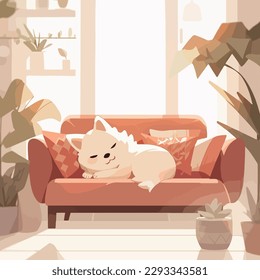 Cute dog having a nap, snugly curled up on a modern soft couch in a bright apartment, waiting for the return of an owner. Simple vector illustration in calm light color palette