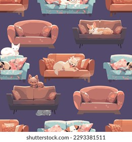 Cute dog having a nap snugly curled up on a modern soft couch in a bright apartment, waiting for the return of an owner. Simple vector illustration in calm light color palette